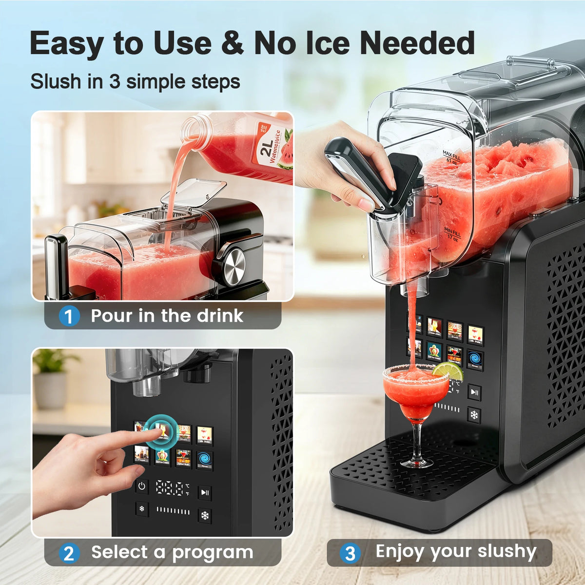 Vastorm Slushie Machine 90 oz Large Capacity Frozen Drink Maker No Ice Needed Auto-Clean with LED Display for Home Party Festive